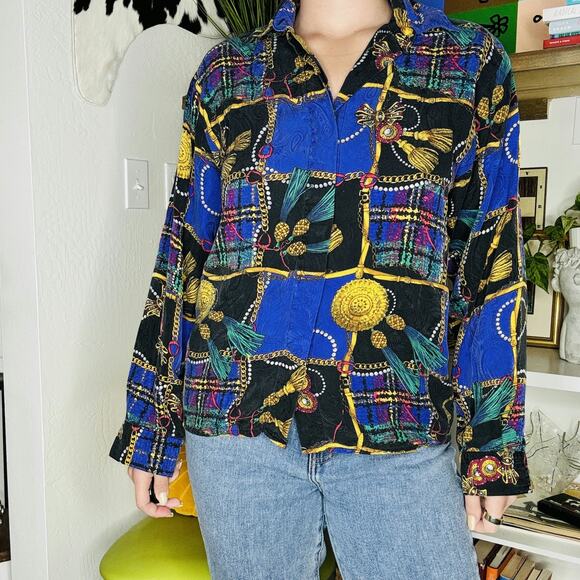 Vintage 90's Purple 100% Silk Chainlink Button Down Longsleeve Blouse M - Picture 1 of 3